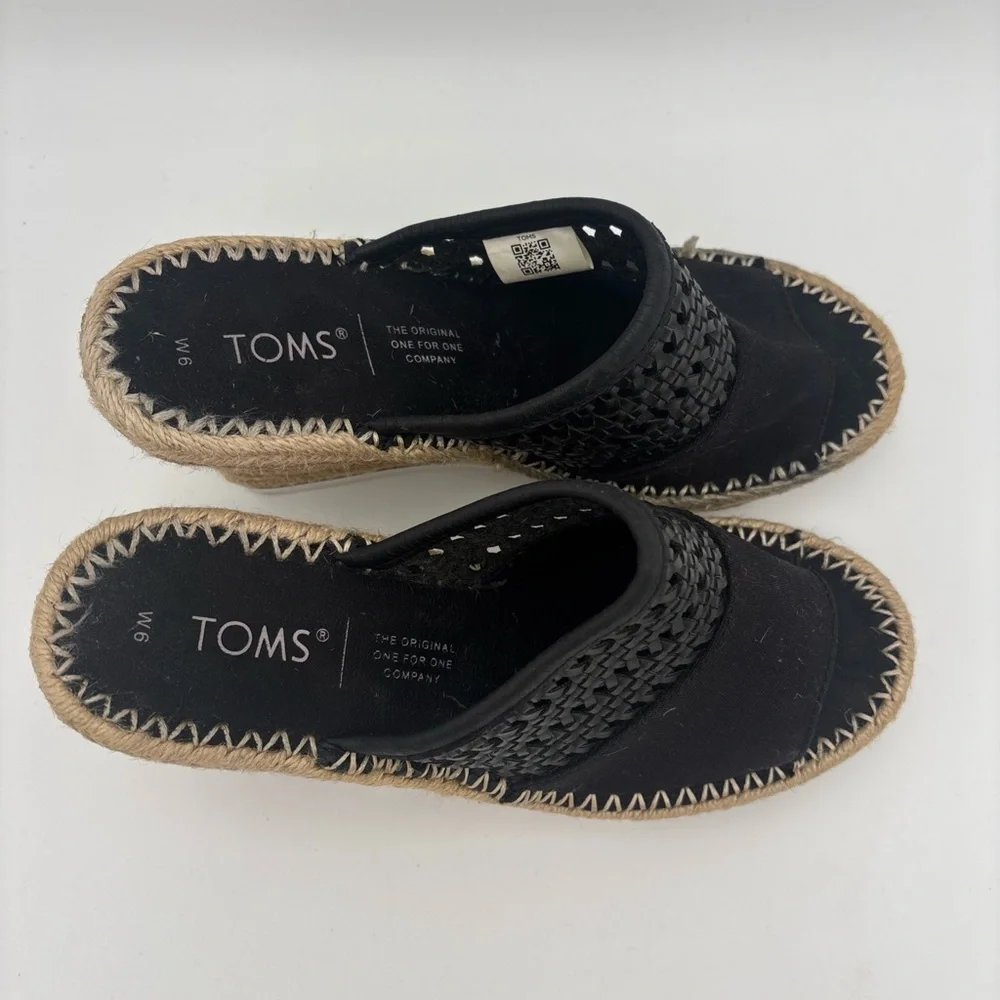 TOMS Black Woven Wedges with‎ Tan Espadrille